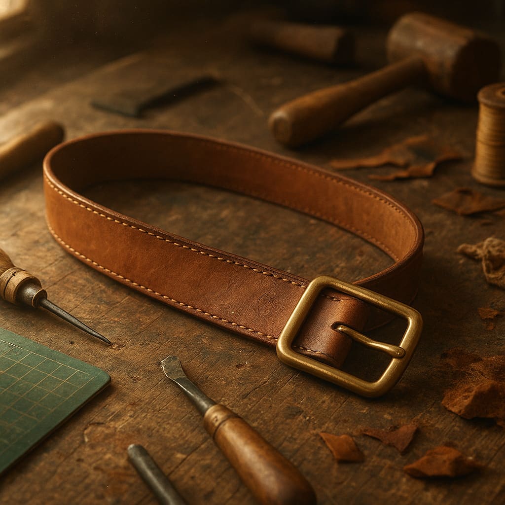 Handgefertigter Ledergürtel auf einer Werkbank
