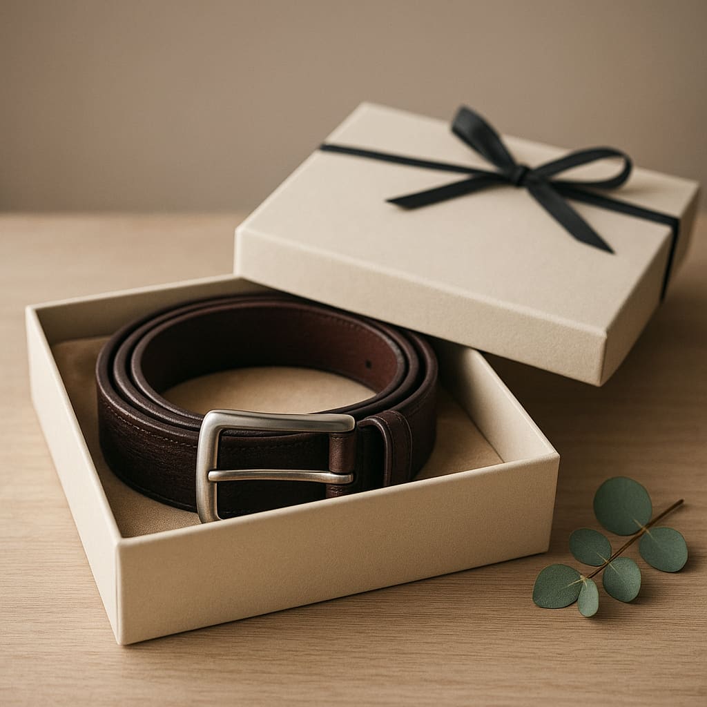Ledergürtel als Geschenk präsentiert